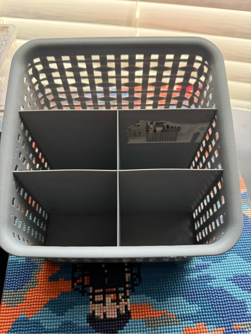 Gray Plastic Grid Storage Bin with Dividers